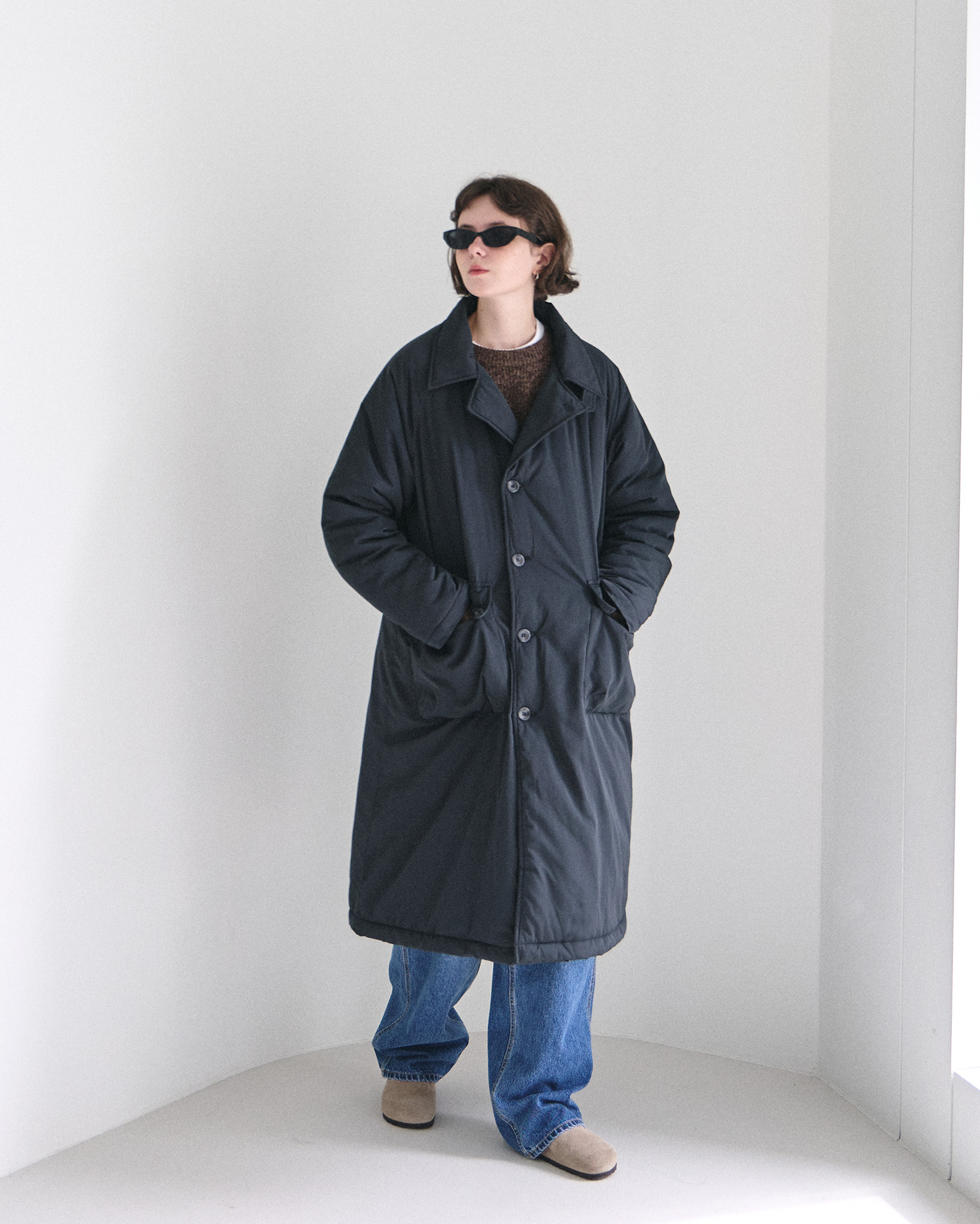 ORIGINAL) ライトパデッドロングコート (washing black