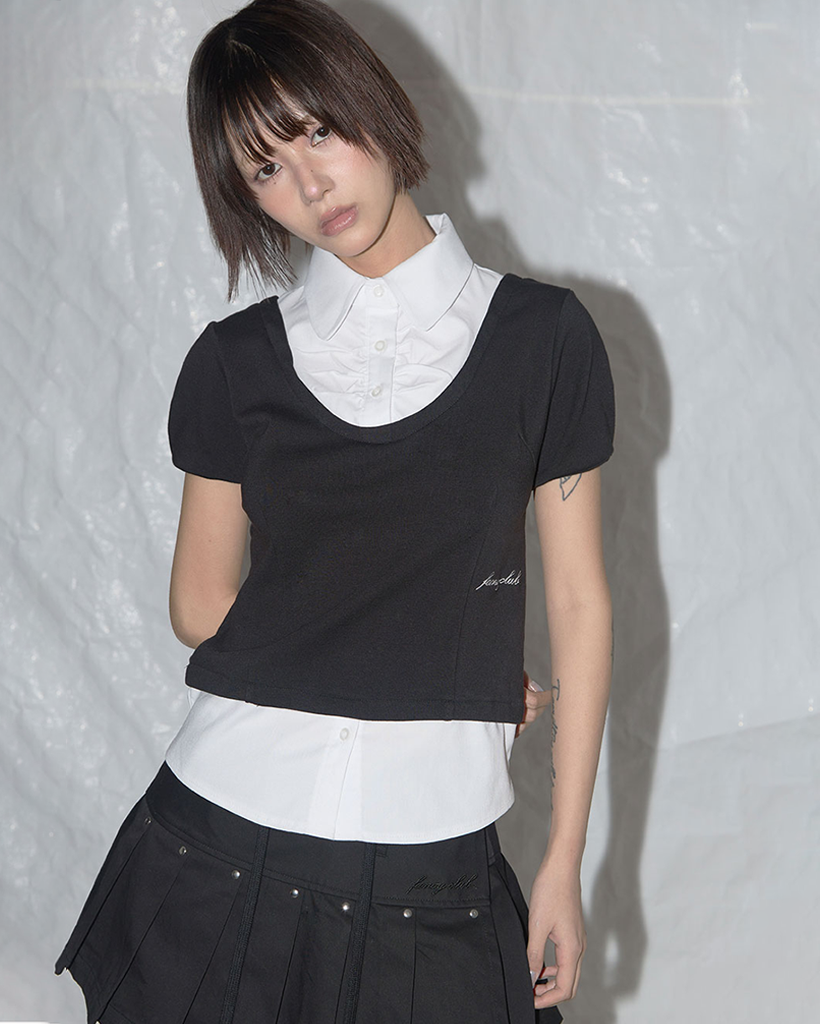 K-POPアイドル着用] Preppy Ribbon Tie Shirt (Black) F25QB086