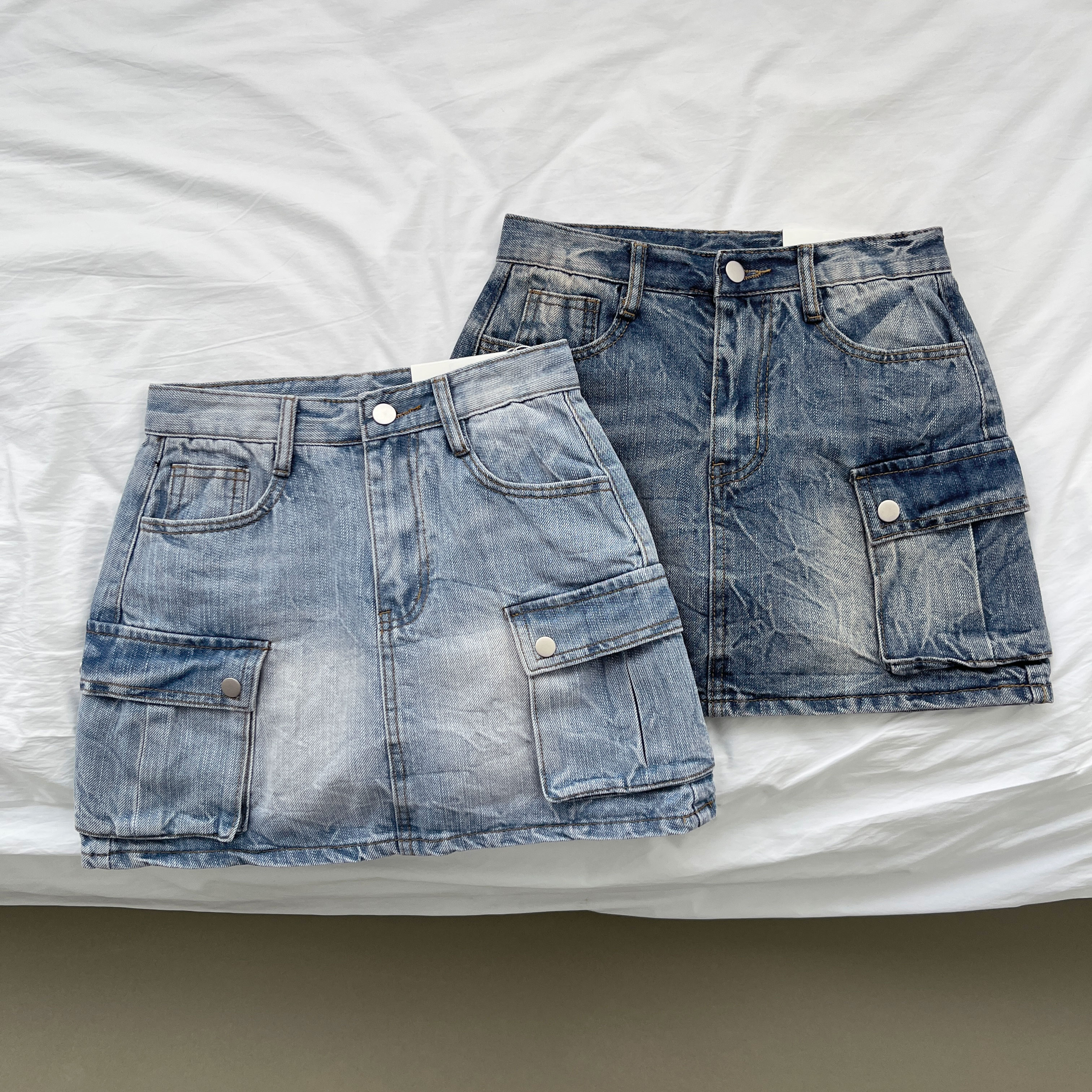 パンツ型裏地付き] カーゴポケットウォッシュミニデニムスカート