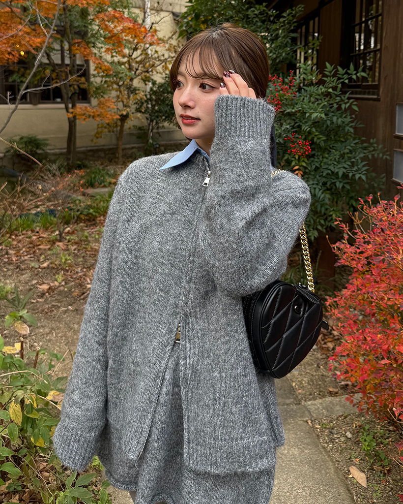 ダブルジップカーディガン＆カットオフミニスカセットアップ