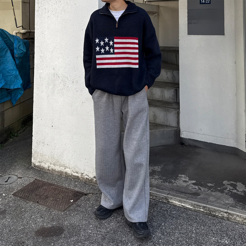 ユニセックス）アメリカ国旗ハーフファスナーニット | ファッション