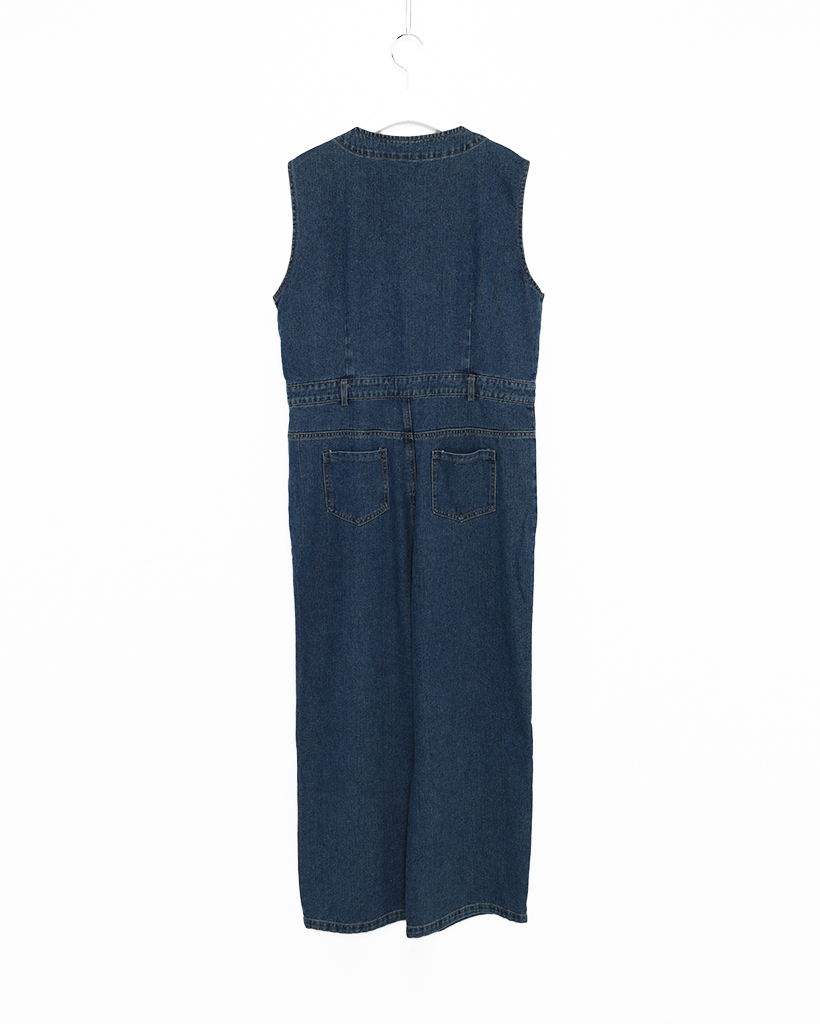 Vネックスリーブレスボタンデニムジャンプスーツ | ファッション通販