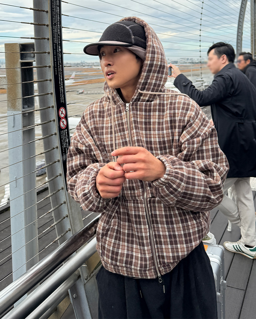 エンポリオアルマーニ フード付 ボアフリース プルオーバー チェック柄