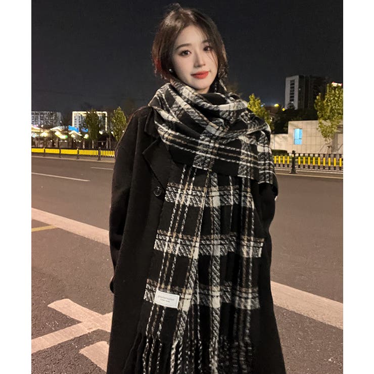 チェック柄ストール 大判フリンジマフラー[品番：AGCW0005953