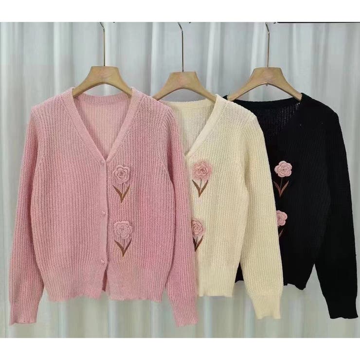 花刺繍ニットカーディガン 3D フラワーニット 長袖 セーター 韓国風 秋
