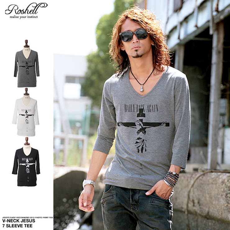 ◇Roshell(ロシェル)Vネックジーザス7分袖Tシャツ◇お兄系 Men s[品番