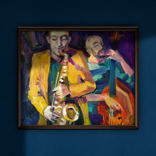 フィンランド オリジナル油絵ジャズバンド音楽絵画ジャズアート音楽壁