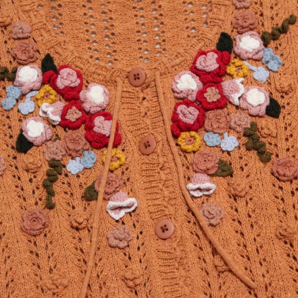 オレンジ系花モチーフ透かし編み綿ニットカーディガン - ピンクハウス