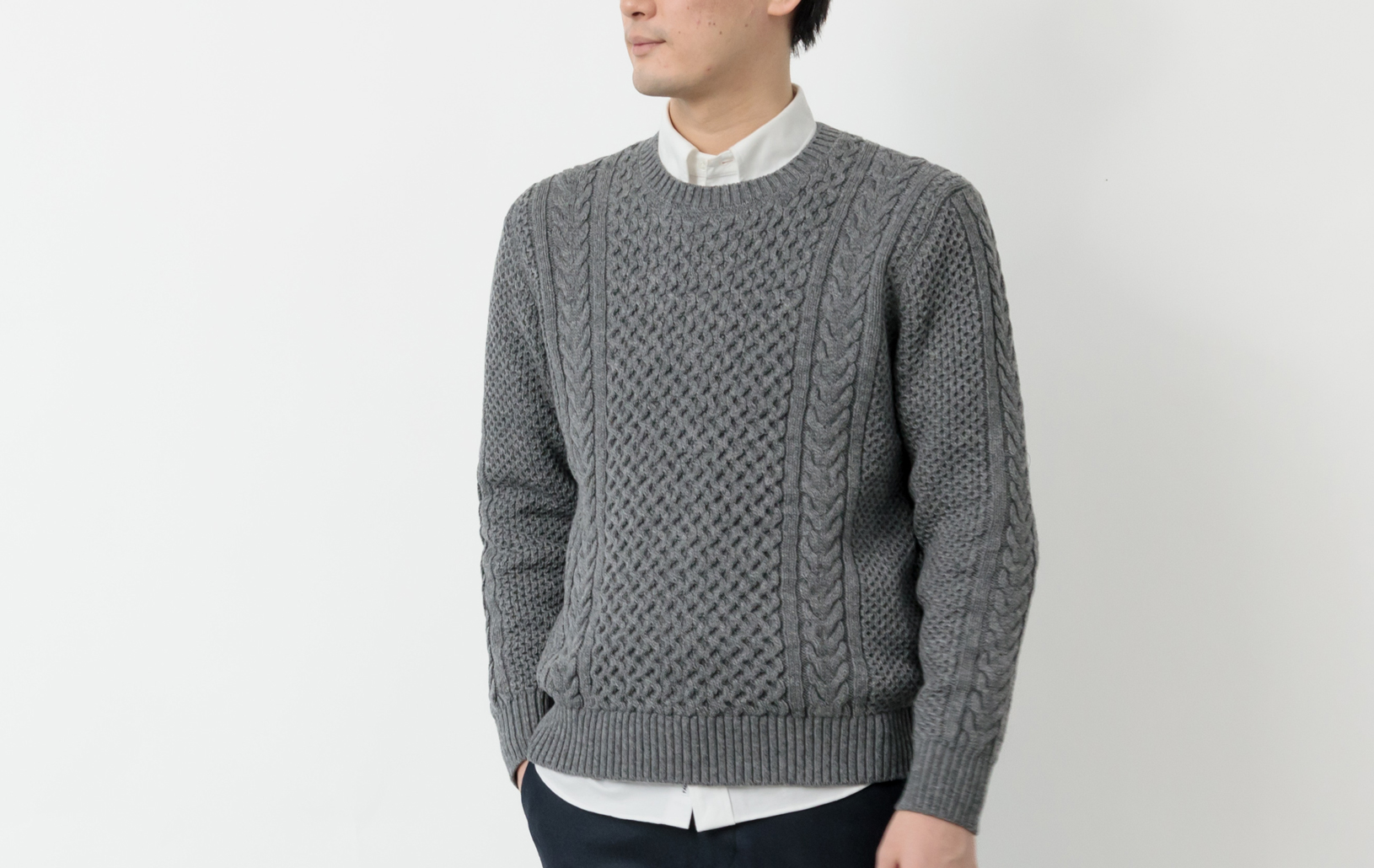 ウォッシャブルウール100% 軽量ケーブル編みニット/ベージュ