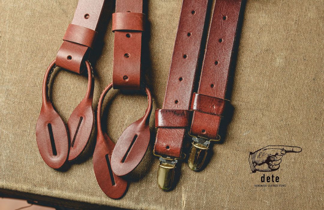 レザーサスペンダー男性用、女性用 ヌメ革、ブライドルレザー製 |dete