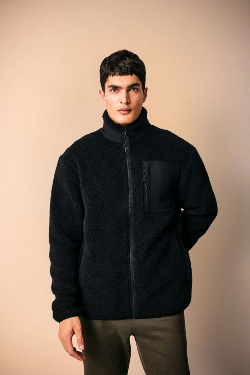 Black Man Relax Fit Stand Collar Fleece Jacket 2825350 | DeFacto