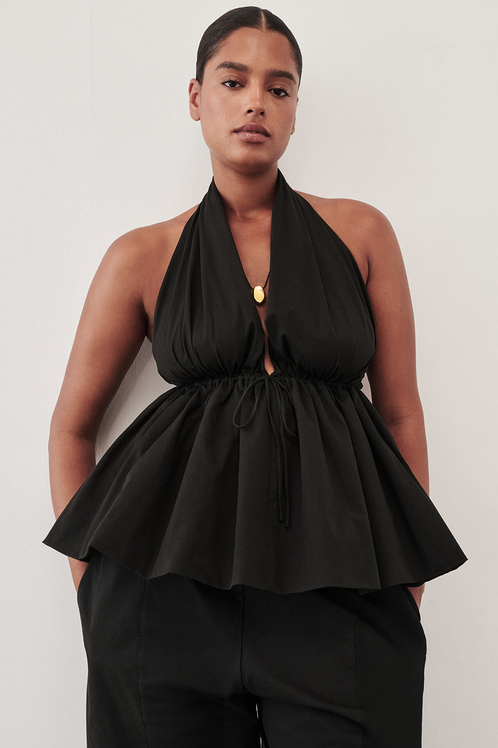 TAMMY BLACK POPLIN HALTER TOP – DISSH