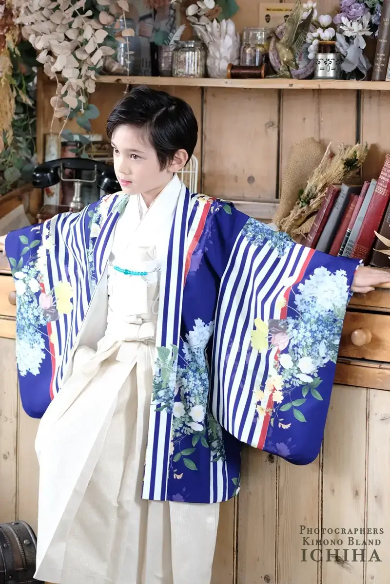 七五三 5歳 男の子 着物｜ストライプ 青花