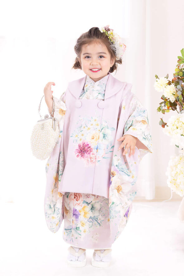 3歳七五三レンタル ガーデンピンク レース襟付き