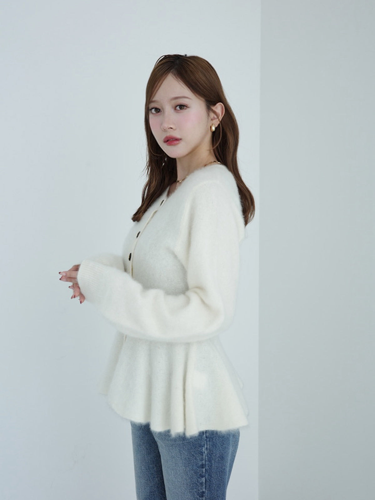 ウール起毛ペプラムニットカーディガン