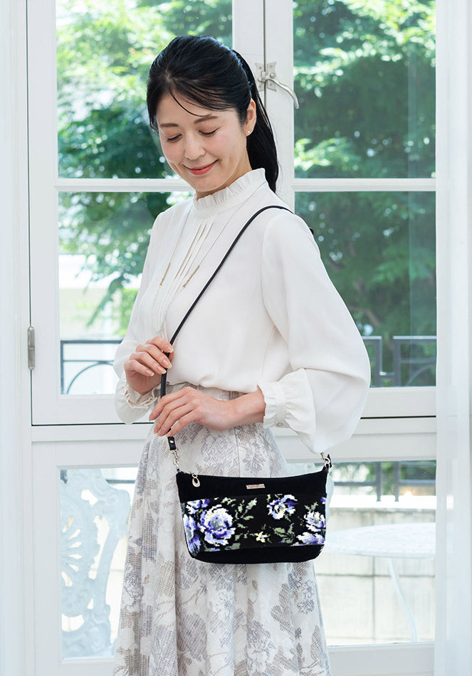 日本製 シェニール織 両面ポシェット ショルダーバッグ ポーチ ローズ