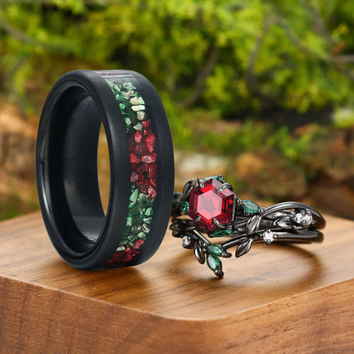 Red Garnet Twig Engagement Couple Rings Set Matching Red And Green