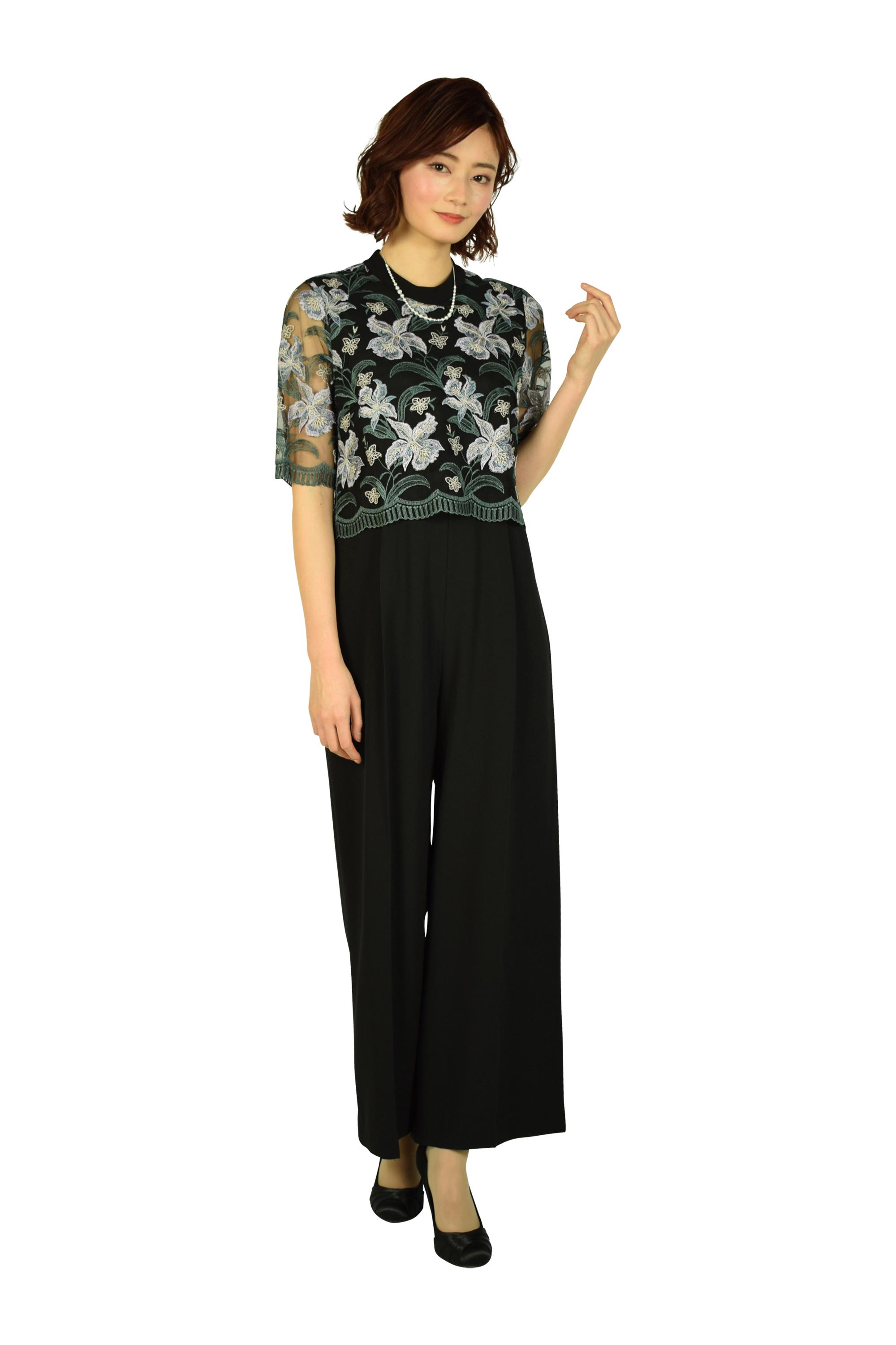 GRACE CONTINENTAL フラワー刺繍ブラックサロペットパンツドレス (M〜L