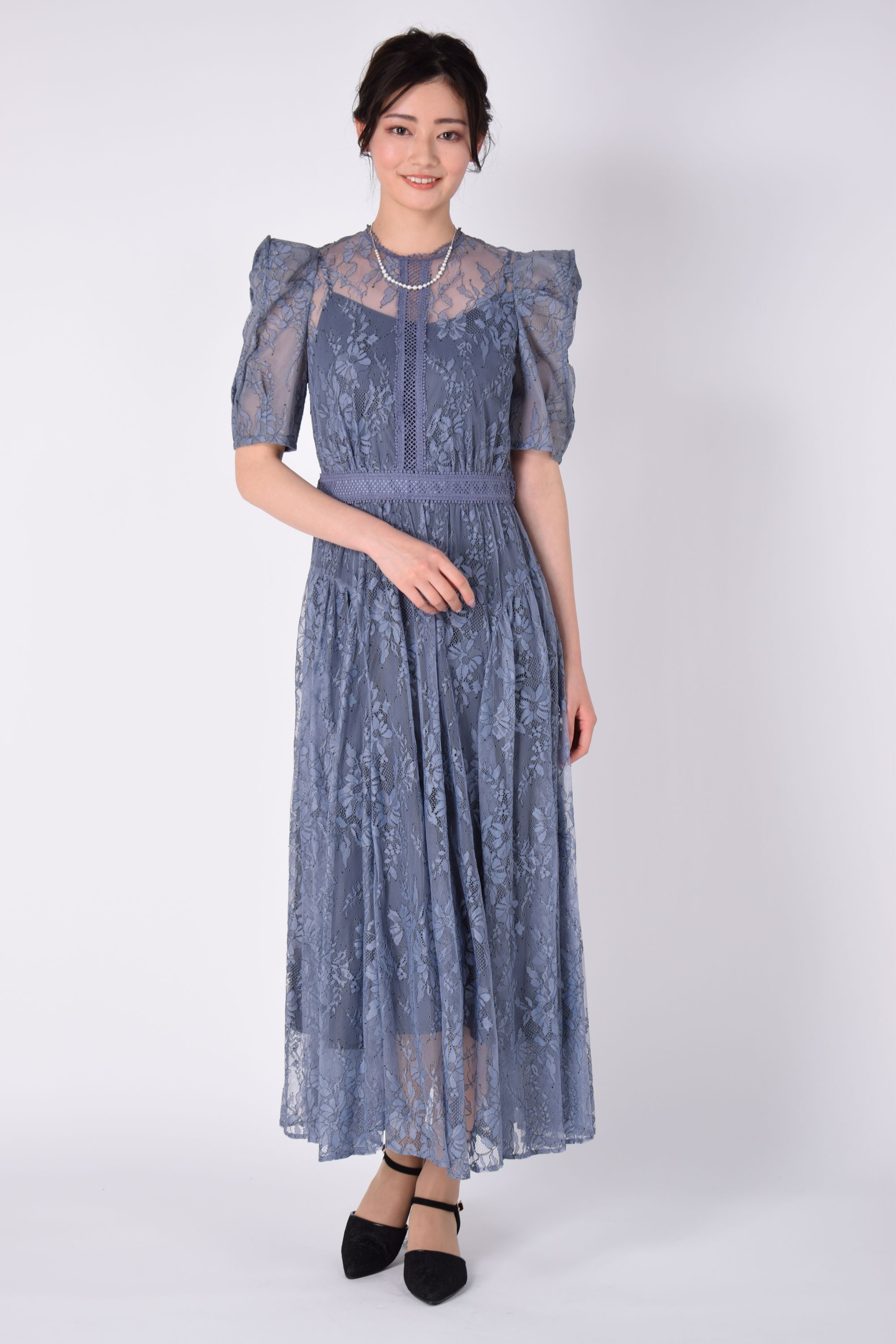 SNIDEL ボリューム袖フラワー刺繍アッシュネイビードレス (S) を