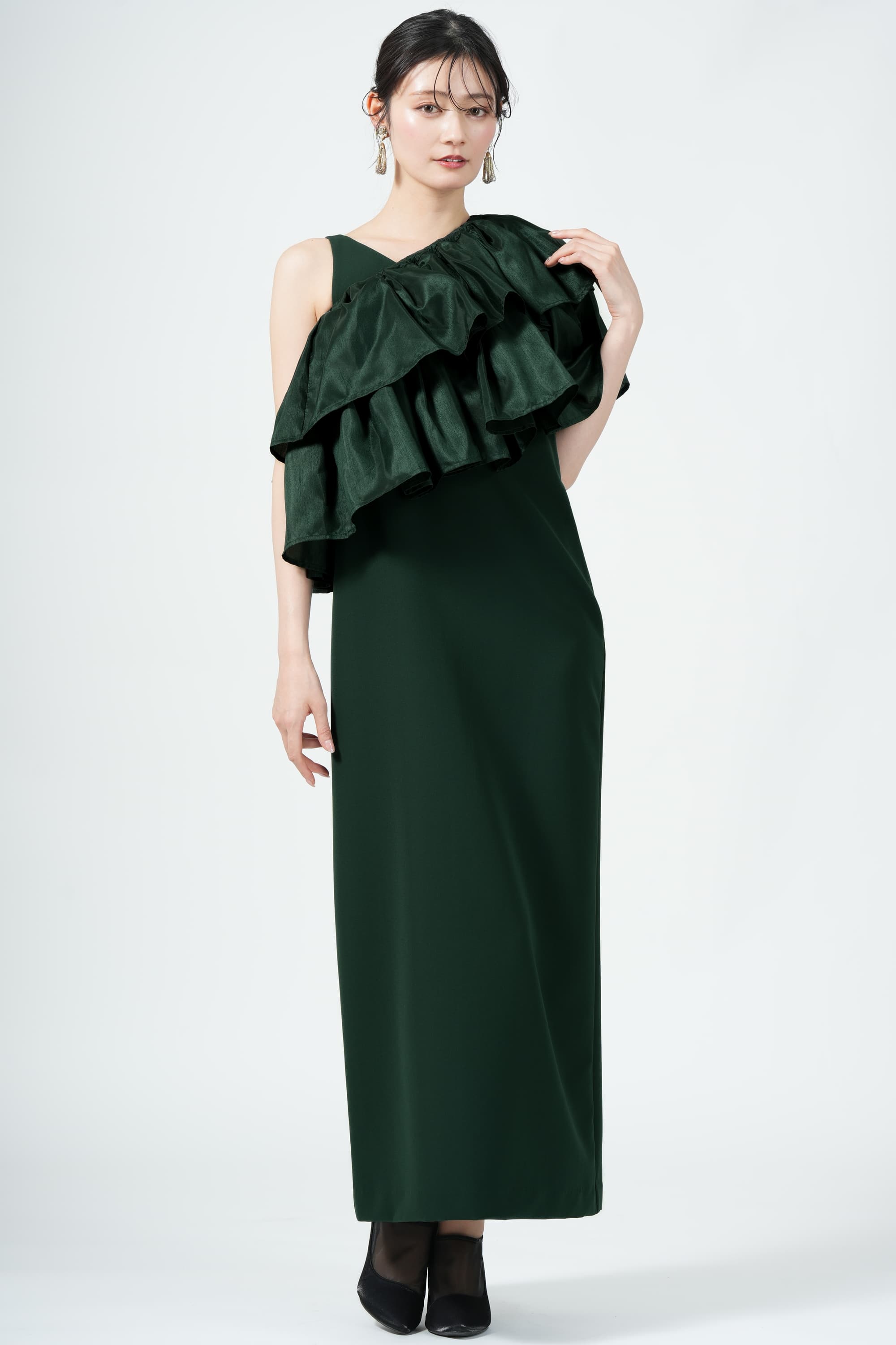 Ameri VINTAGE 光沢ティアードレイヤードグリーンドレス (S) を