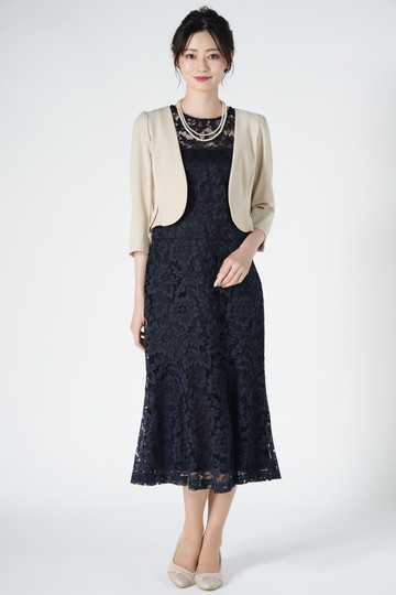 LAUREN RALPH LAUREN フラワー総レースネイビードレスセット (M) を