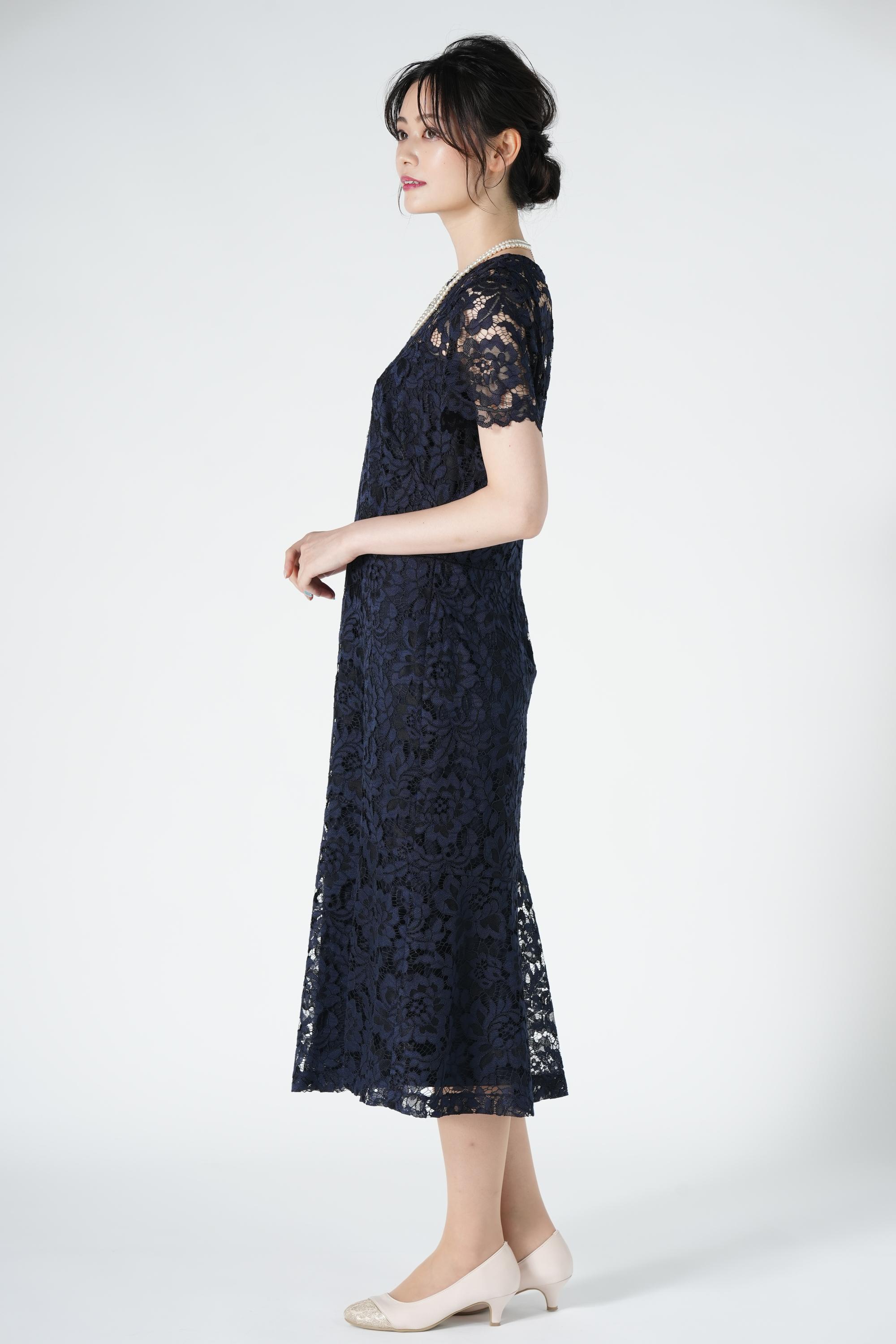 LAUREN RALPH LAUREN フラワー総レースネイビードレスセット (M) を