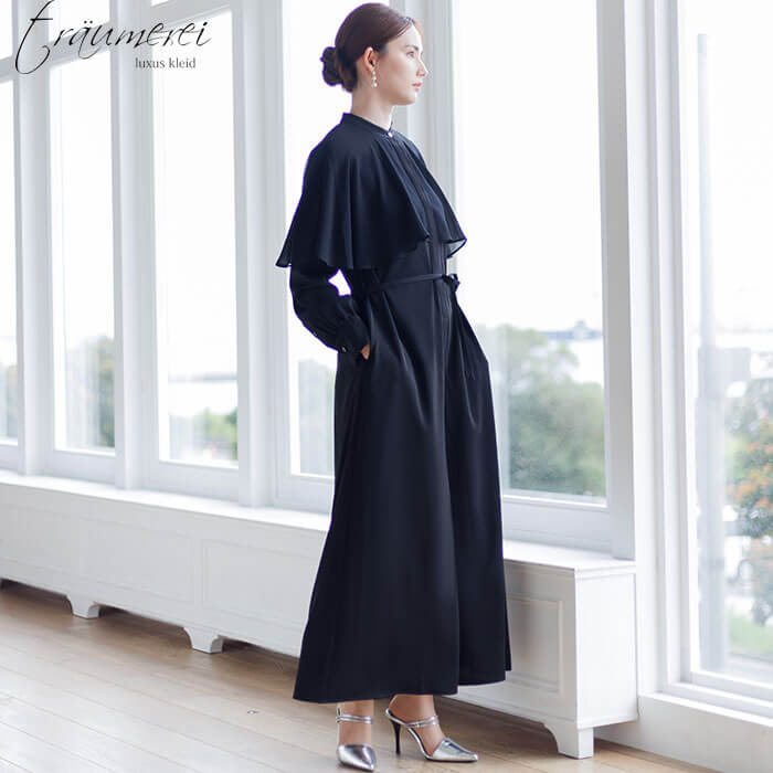 WEB限定｜ケープカラーオールインワンドレス 15号・ブラック｜東京