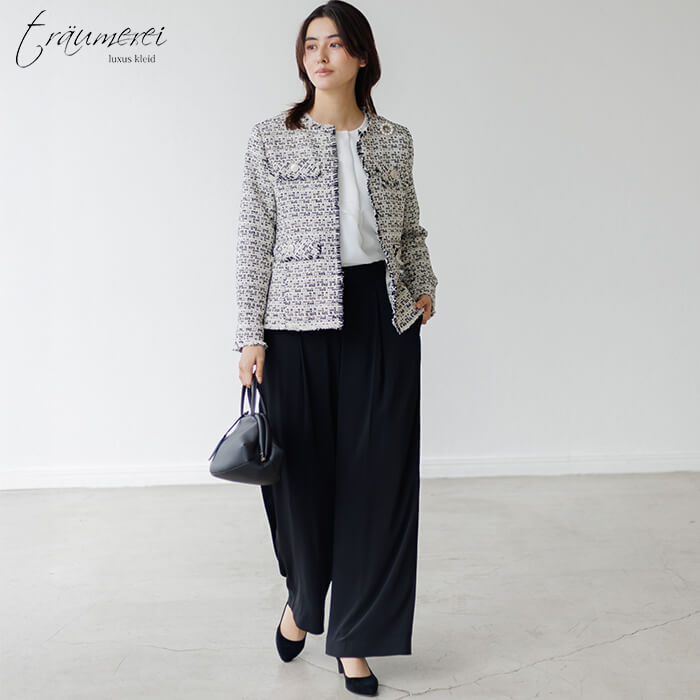 WEB限定｜ツイードワイドパンツスーツ 9号・ブラック×オフ｜東京