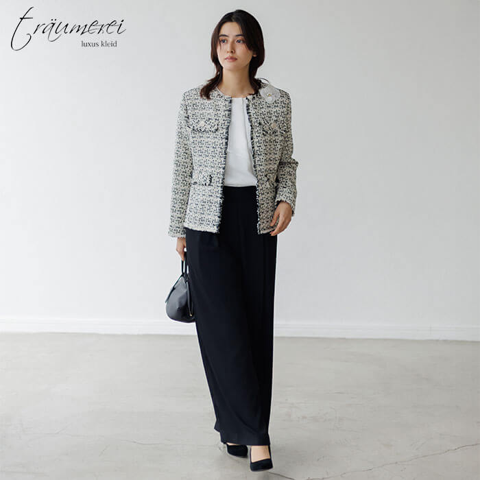 WEB限定｜ツイードワイドパンツスーツ 13号・ブラック×オフ｜東京