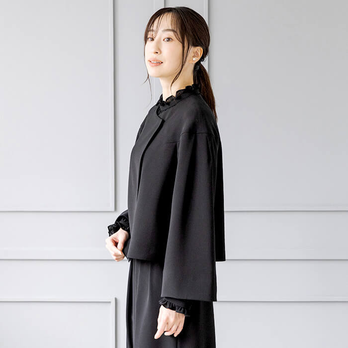 洗える｜ノーカラーのボレロジャケット M・ブラック｜東京ソワール