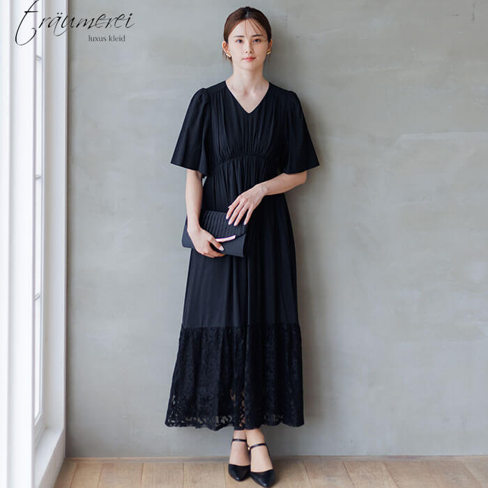 WEB限定｜裾レース切替ギャザードレス 9号・ブラック｜東京ソワール