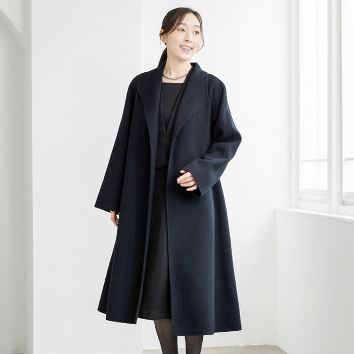 ベルト付｜カシミヤ混のウールコート L・ブラック｜東京ソワール