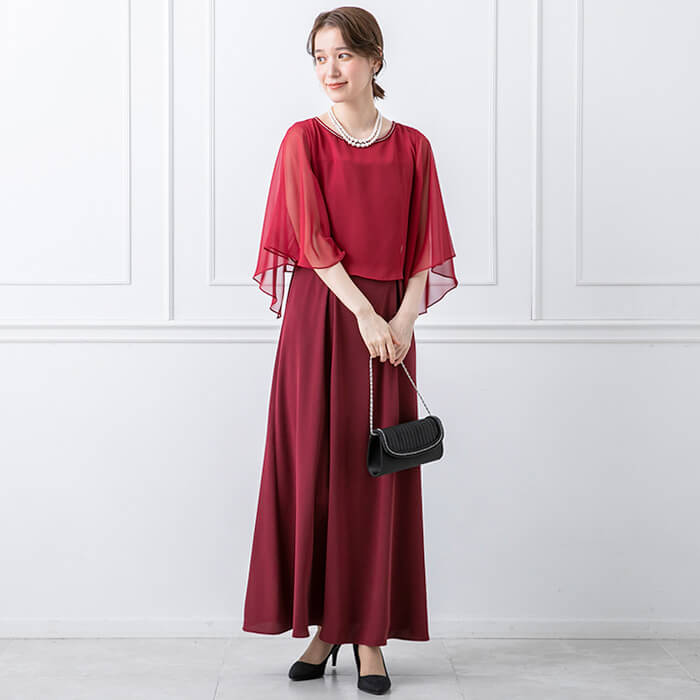 エレガントで美しいケープロングドレス 9号・ワイン｜東京ソワール