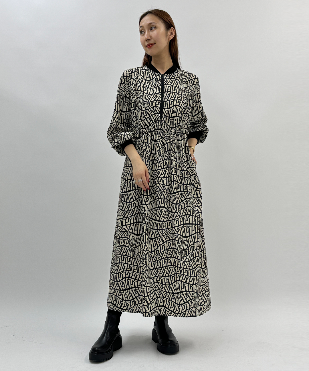 幾何柄プリントギャザーワンピース – FACE SANS FARD